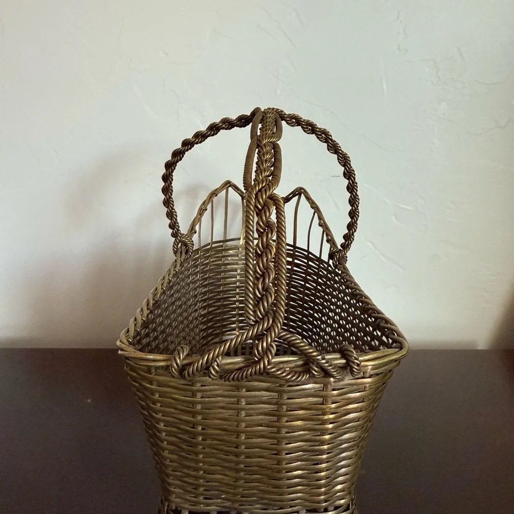 Antique French Brass Gold‎ Woven Basket wine holder caddy